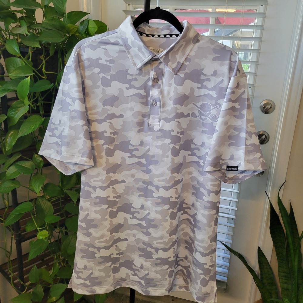 Tattoo Golf Mens Grey White Camo Skull Logo Performance Polo Shirt L
